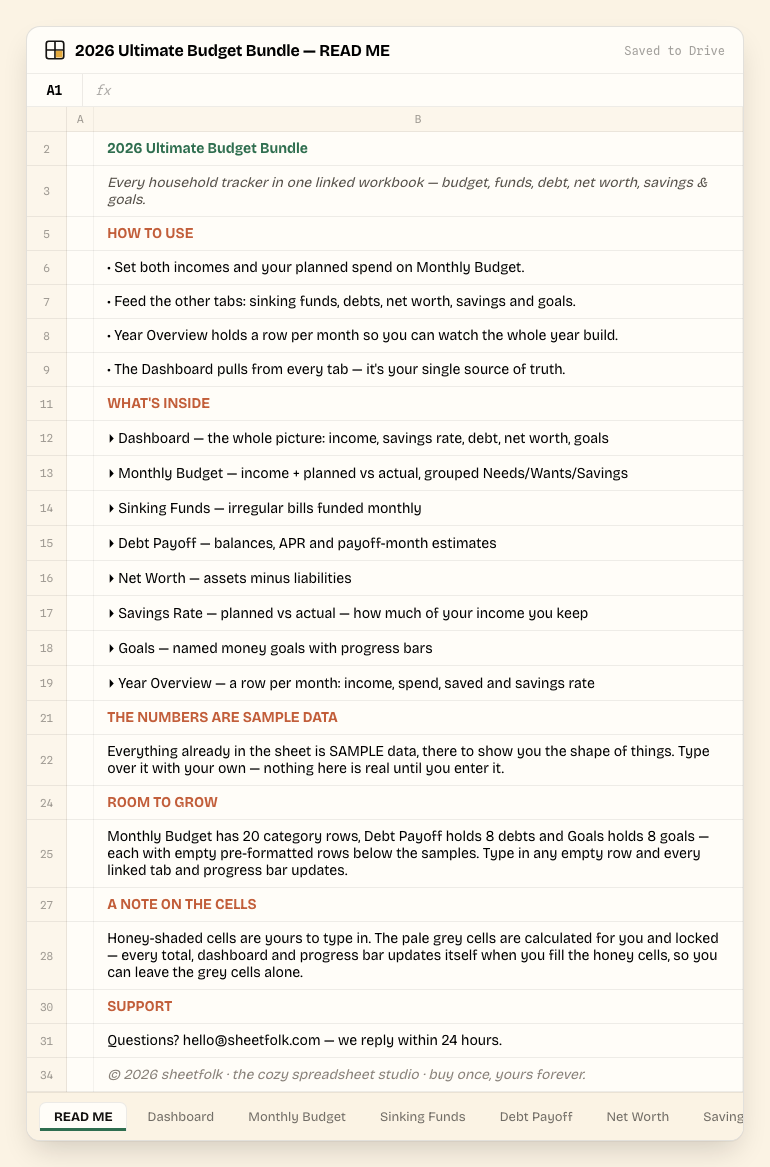 2026 Ultimate Budget Bundle — READ ME tab, showing setup steps and what each tab does