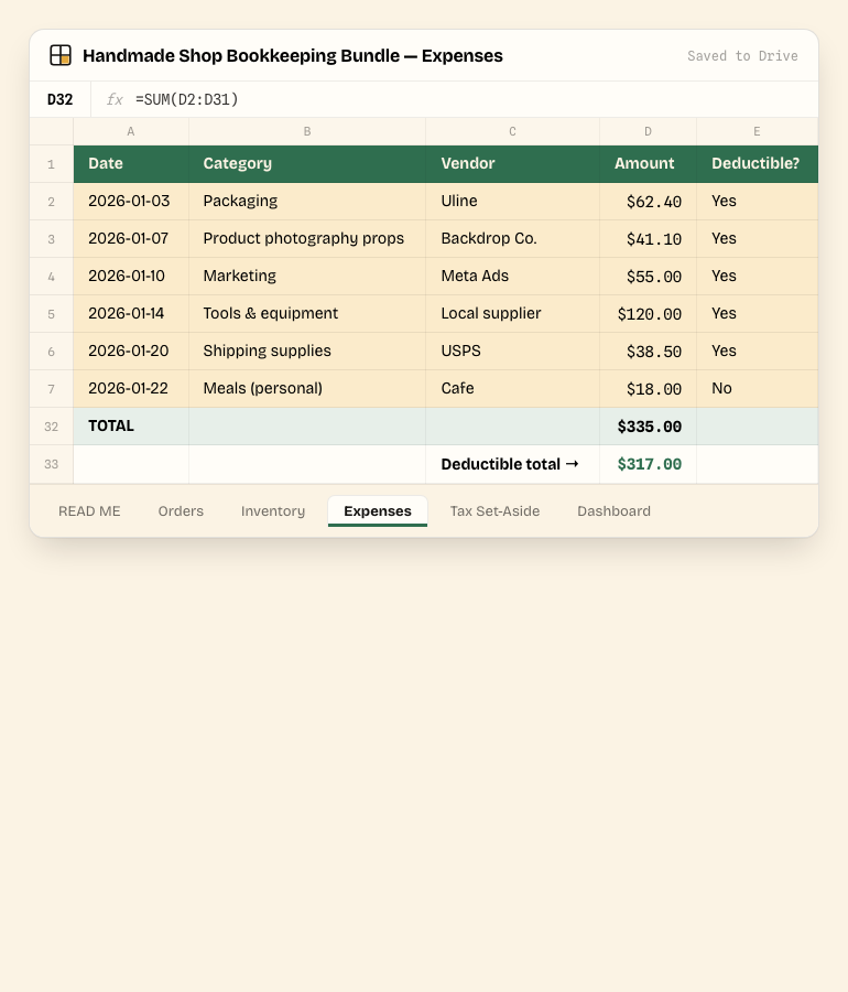 Handmade Shop Bookkeeping Bundle — Expenses tab, showing the real columns and sample data