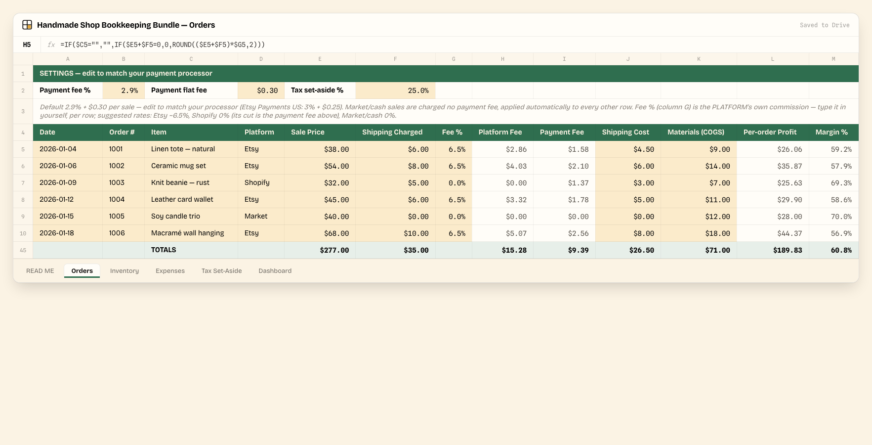 Handmade Shop Bookkeeping Bundle — Orders tab, showing the real columns and sample data