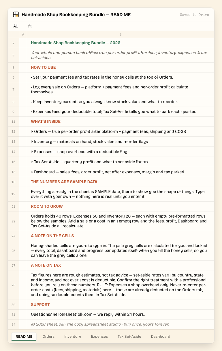 Handmade Shop Bookkeeping Bundle — READ ME tab, showing setup steps and what each tab does