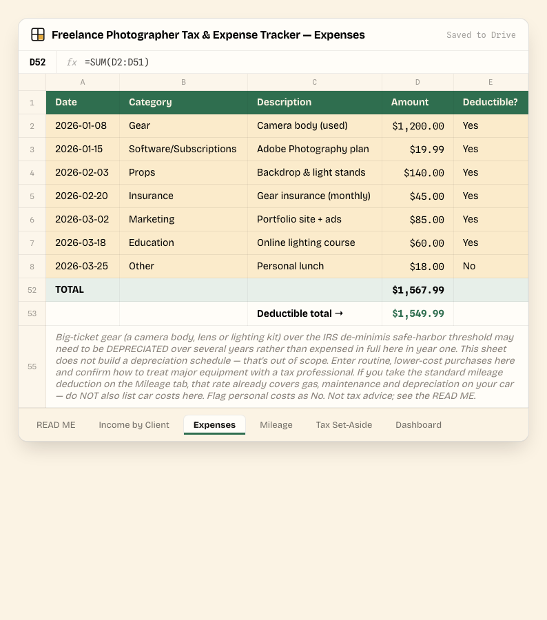 Freelance Photographer Tax & Expense Tracker — Expenses tab, showing the real columns and sample data