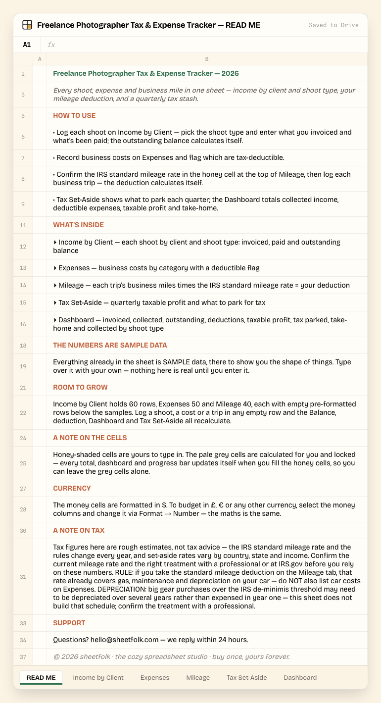 Freelance Photographer Tax & Expense Tracker — READ ME tab, showing setup steps and what each tab does