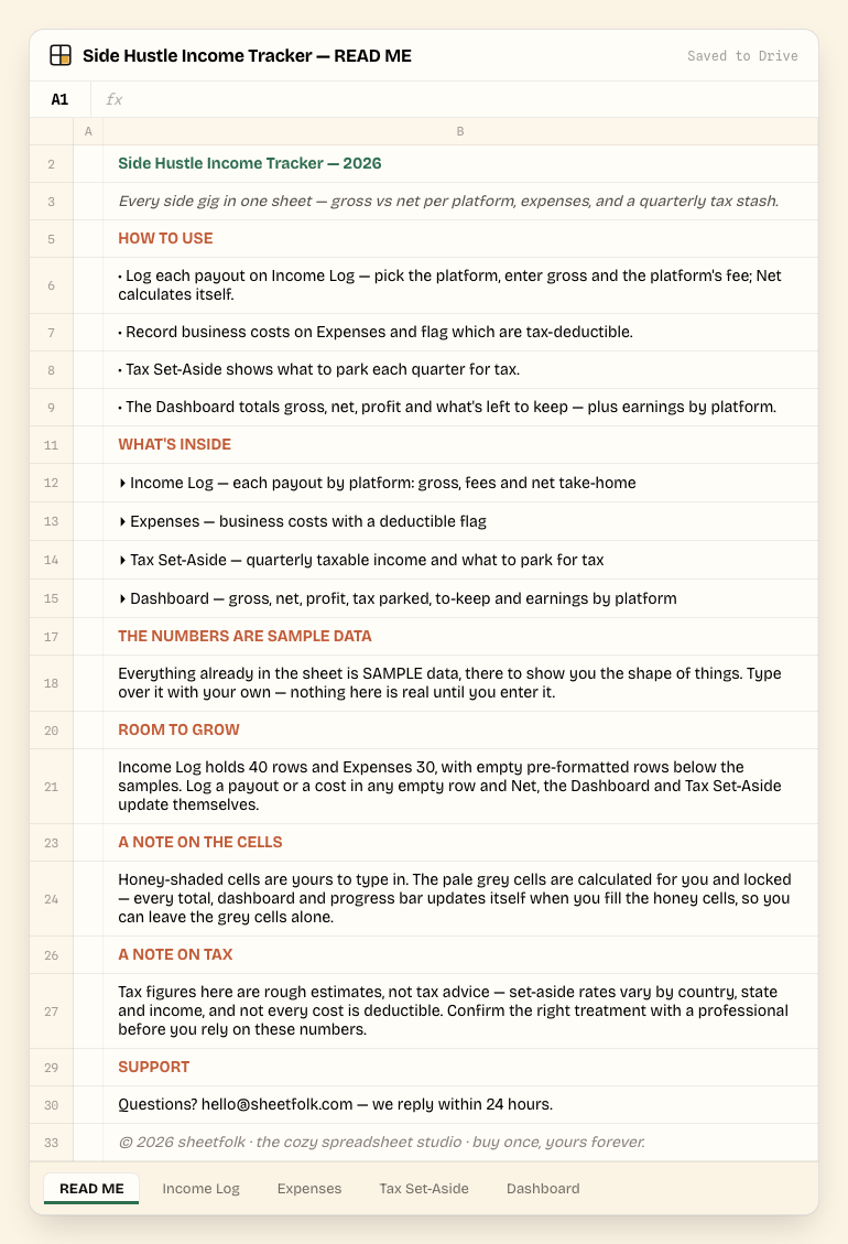 Side Hustle Income Tracker — READ ME tab, showing setup steps and what each tab does