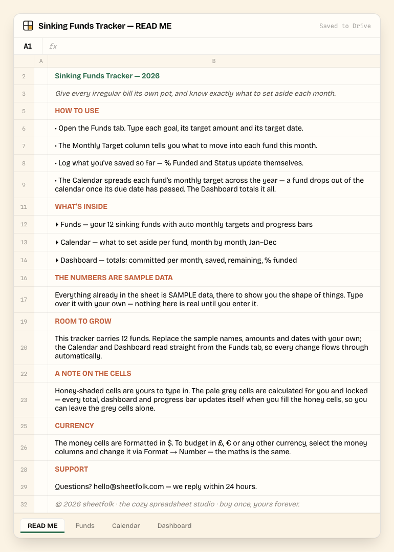 Sinking Funds Tracker — READ ME tab, showing setup steps and what each tab does